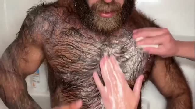 VERY Hairy Daddy Bear Breeds Boy In Shower