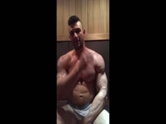 sweaty bodybuilder in the sauna