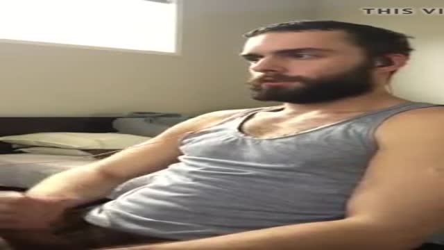 cute bearded guy jerks off and cum all over the place