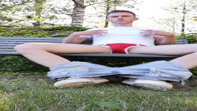 Hot Guy jacks off on park bench