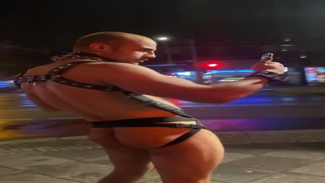 Shy Harness Guy Showing Off in the Street (No Porn)