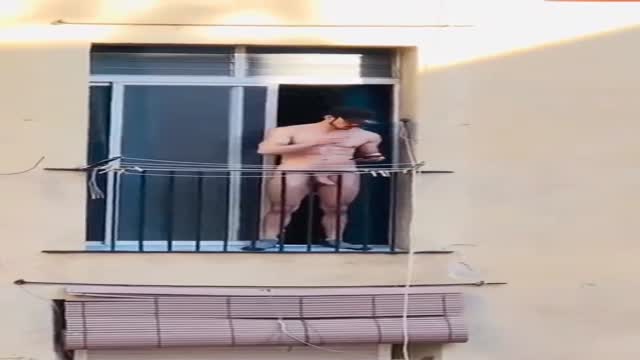 str8 italian naked on balcony in public smoking hard